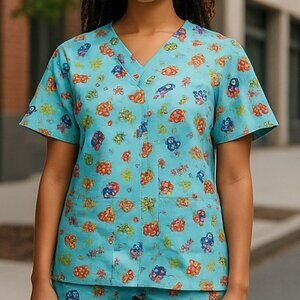 Laby Bug Clover Pattern Scrub Top Cottonality Womens Medium Light Blue Shirt M